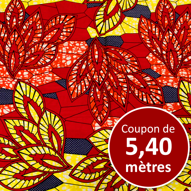 Tissu Africain WAX - Feuillage rouge et jaune (coupon de 5,40 mètres)