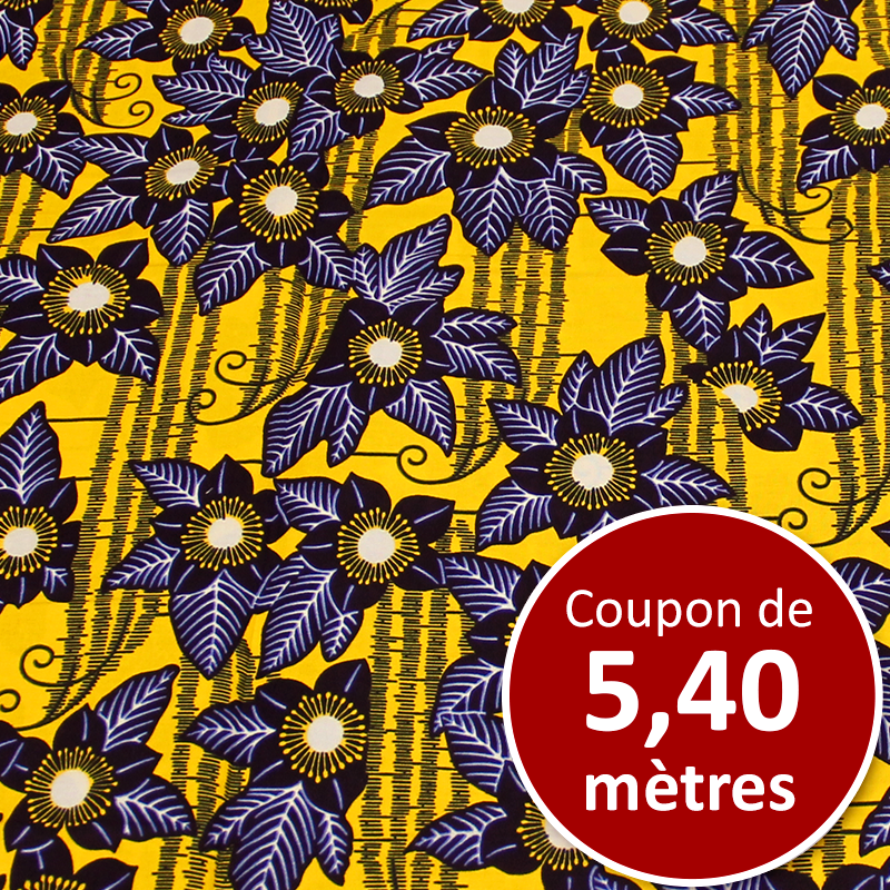 Tissu Africain WAX - Fleur marine fond jaune (coupon de 5,40 mètres)