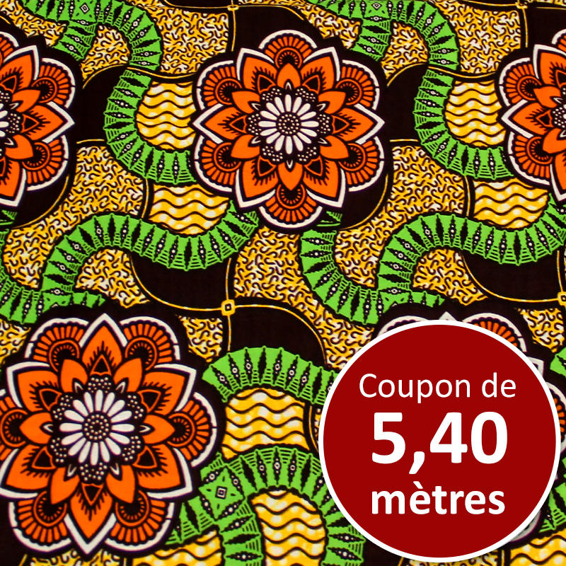 Tissu Africain WAX - Mandala fleuri orange (coupon de 5,40 mètres)