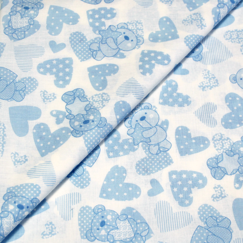 Percale de coton imprimée - Ours & ♡ bleu
