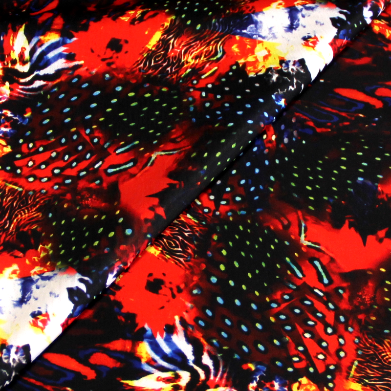 Tissu pour maillot de bain - Étoile multicolore fond rouge