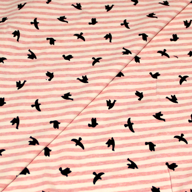 Jersey imprimé oiseau noir - Rayure rose