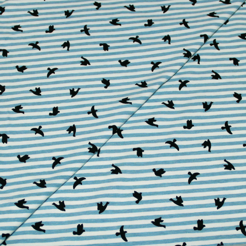 Jersey imprimé oiseau noir - Rayure bleu