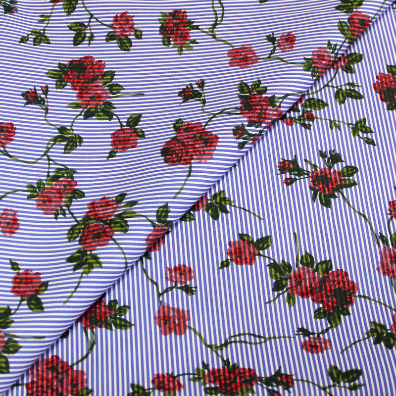 Popeline 100% coton rayée - Fleur rose