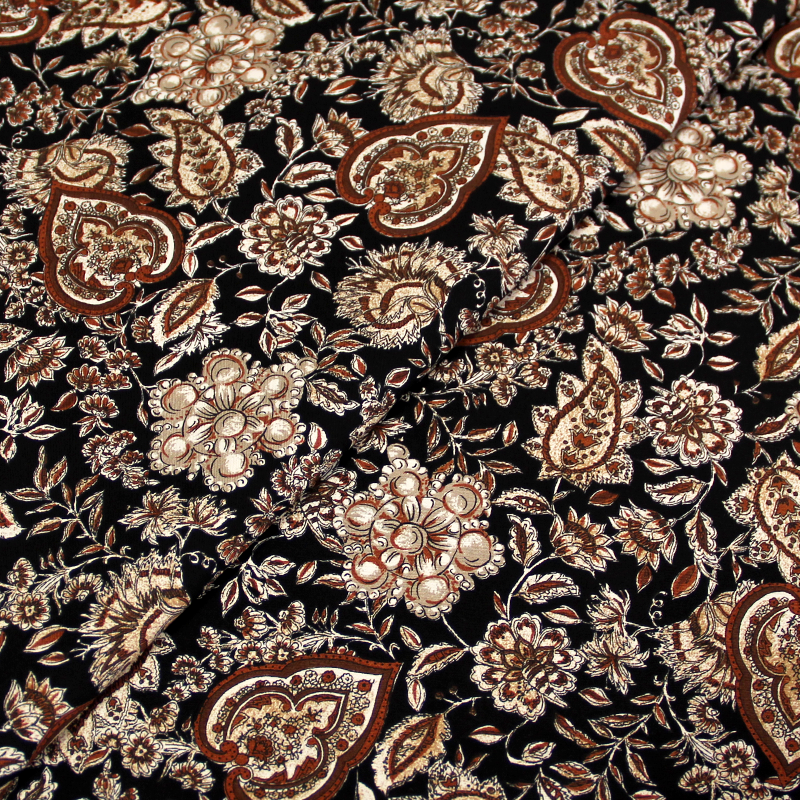 Popeline coton & élasthanne - Cachemire & fleur marron fond noir