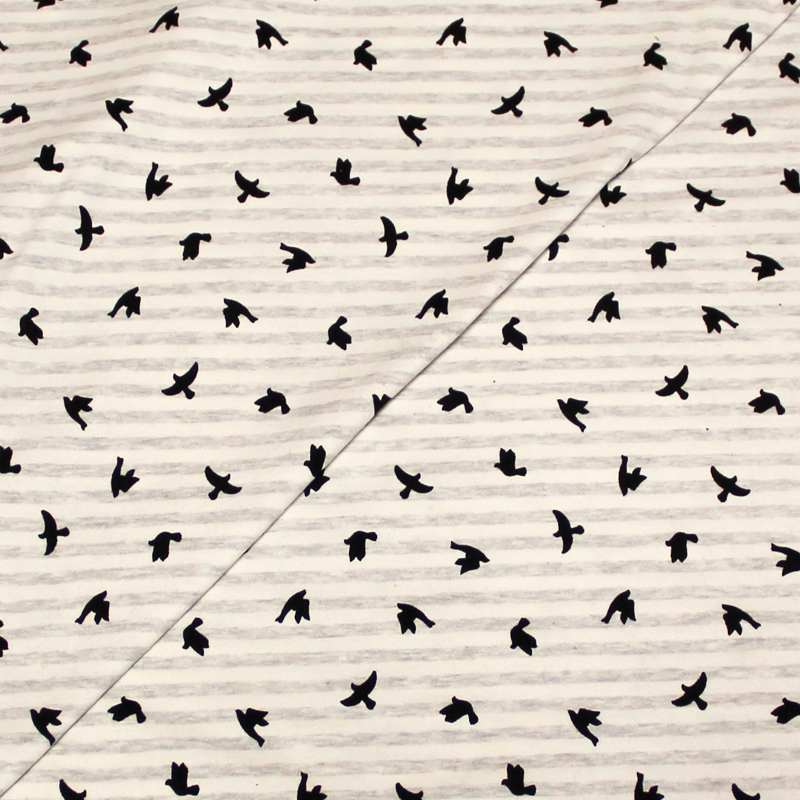 Jersey imprimé oiseau noir - Rayure grise