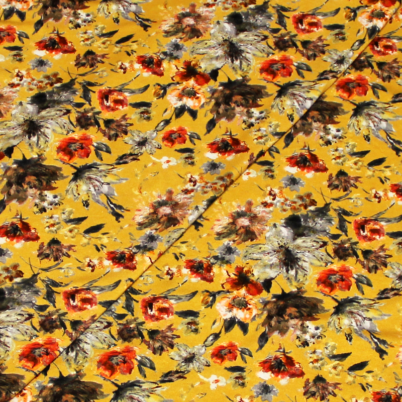 Jersey imprimé - Bouquet aquarelle fond moutarde