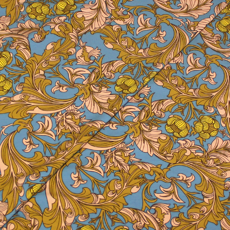 Jersey imprimé - Fleuri jaune fond bleu