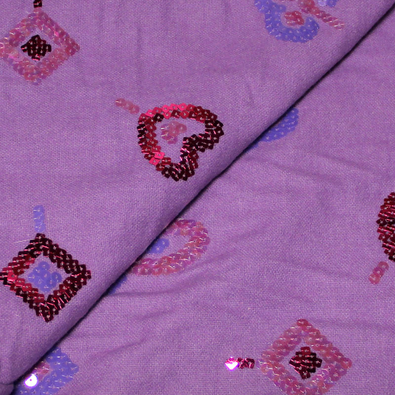 Tissu laine & cachemire brodé sequin - Lilas & rose