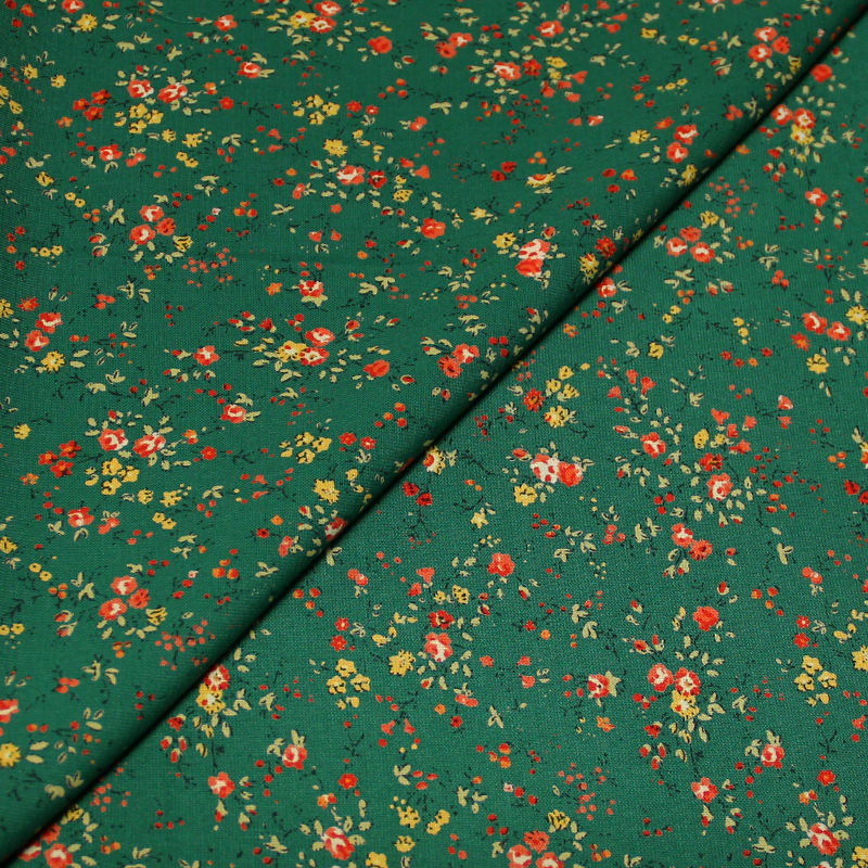 Javanaise - Fleurs rouge & jaune fond vert