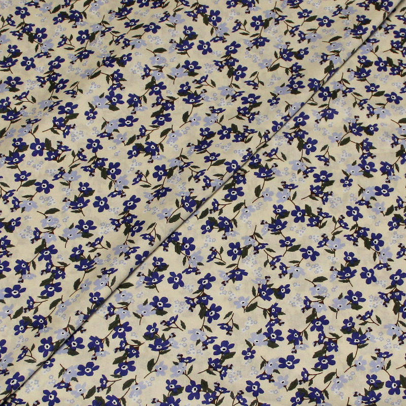 Popeline 100% coton - Fleuri camaieu de Bleu fond Mastic