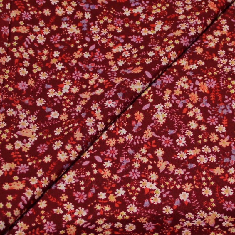Microfibre imprimée - Fleurs multicolor fond bordeaux