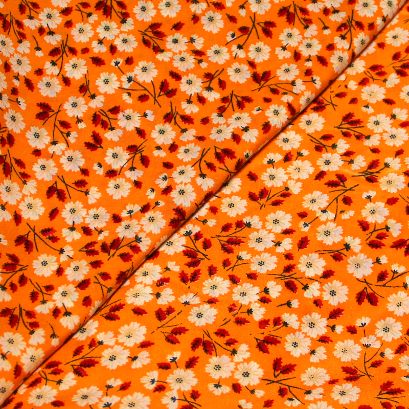 Microfibre imprimée - Fleurs écru fond orange