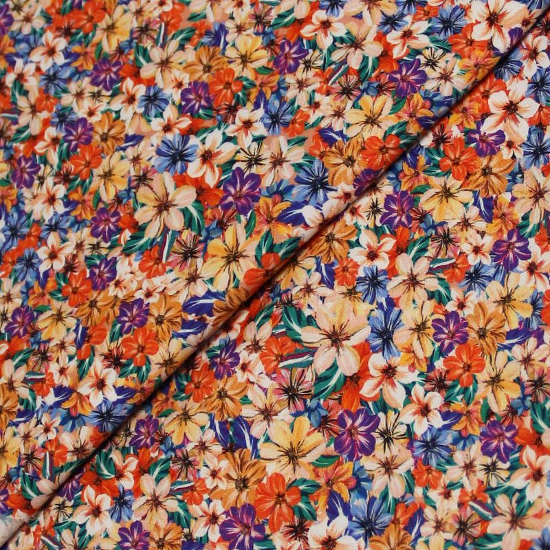 Popeline 100% coton - fleurs multicolore orange
