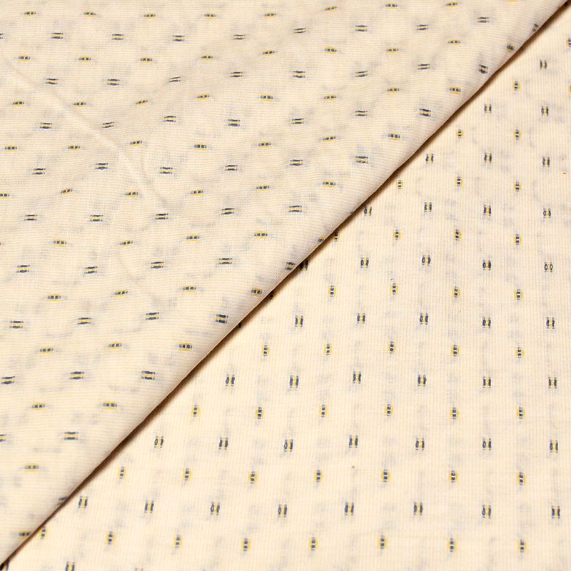Toile jacquard 100% coton -  Motifs tricolore sur rayures jaune et blanche