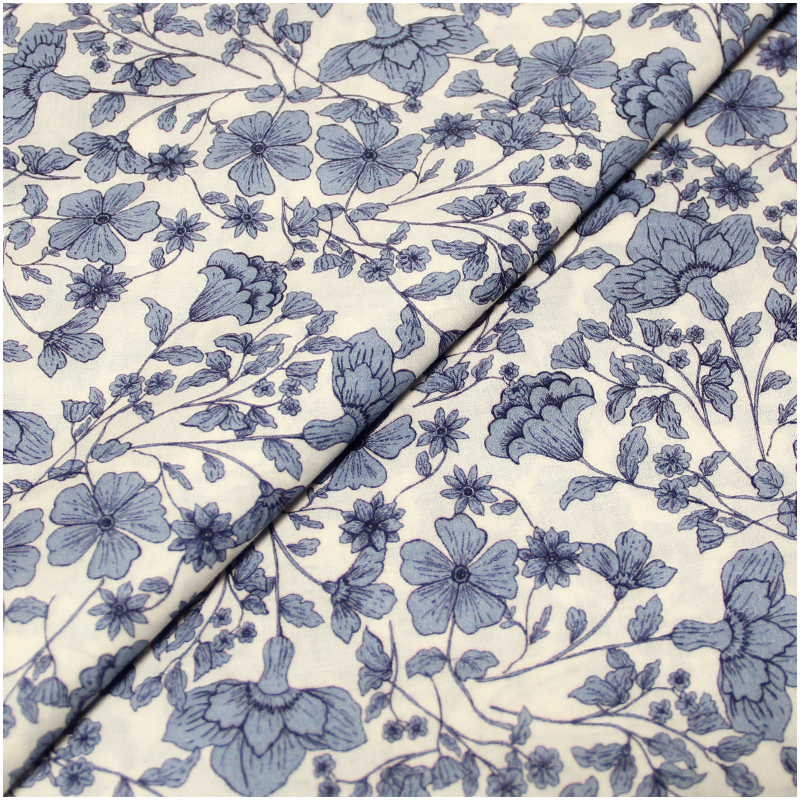 Voile de coton - Composition floral bleu 