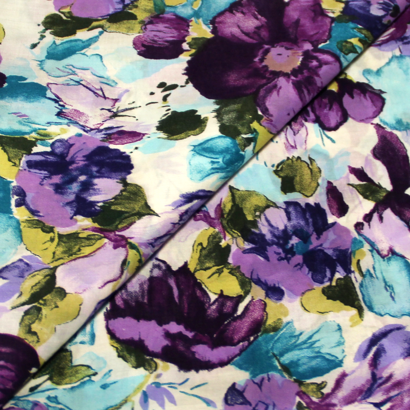 Toile batiste 100% coton - Fleur aquarelle turquoise & violet