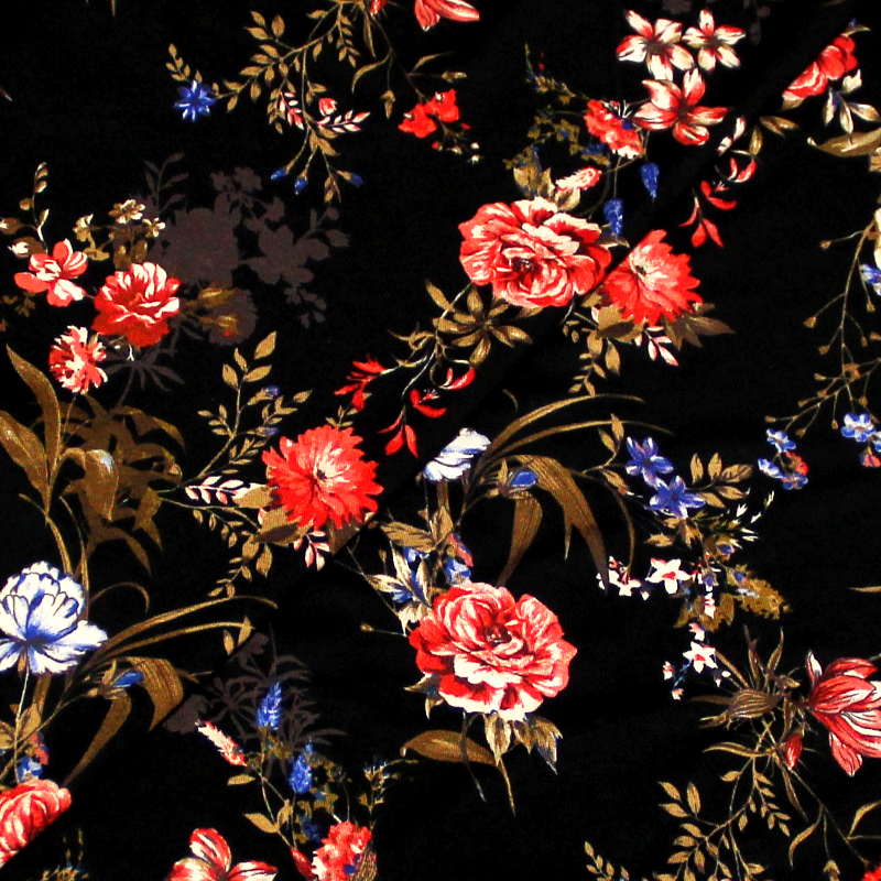 Jersey viscose - Fleur bleu & rose fond noir