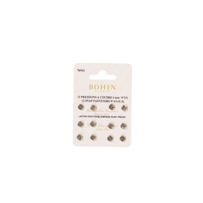 Boutons pression à coudre en laiton inoxydable (N°2/0, Carte 12 pcs, Argenté)