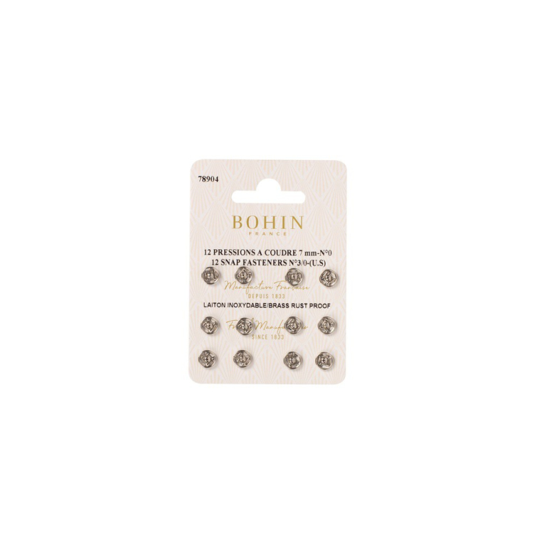 Boutons pression à coudre en laiton inoxydable (N°0, Carte 12 pcs, Argenté)