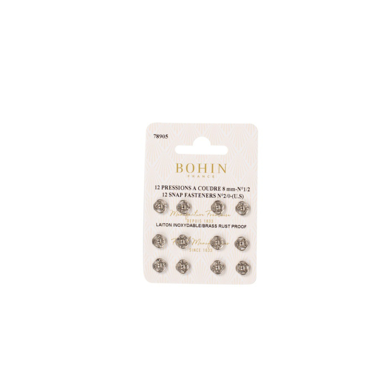 Boutons pression à coudre en laiton inoxydable (N°1/2, Carte 12 pcs, Argenté)