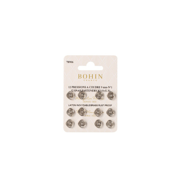 Boutons pression à coudre en laiton inoxydable (N°1, Carte 12 pcs, Argenté)