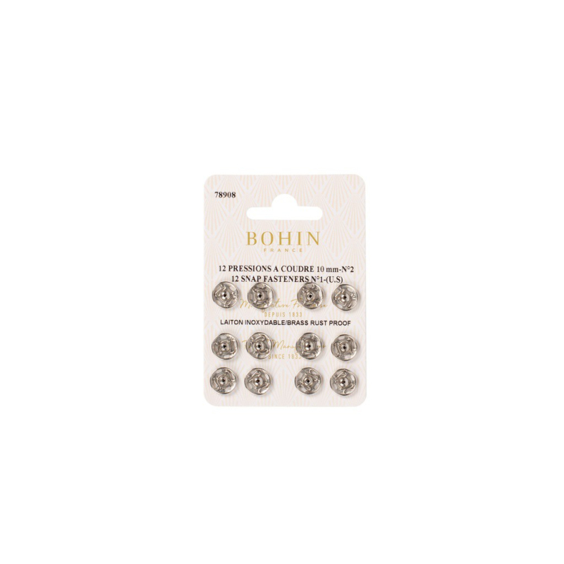 Boutons pression à coudre en laiton inoxydable (N°2, Carte 12 pcs, Argenté)