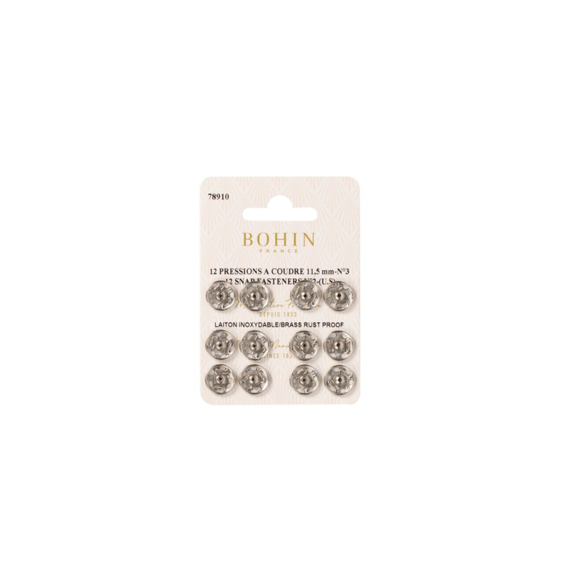 Boutons pression à coudre en laiton inoxydable (N°3, Carte 12 pcs, Argenté)