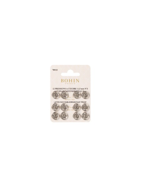 Boutons pression à coudre en laiton inoxydable (N°3, Carte 12 pcs, Argenté)