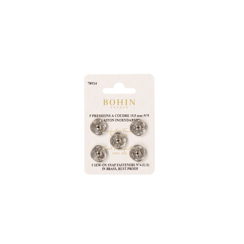 Boutons pression à coudre en laiton inoxydable (N°5, Carte 5 pcs, Argenté)