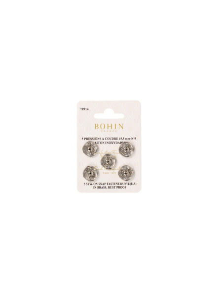 Boutons pression à coudre en laiton inoxydable (N°5, Carte 5 pcs, Argenté)
