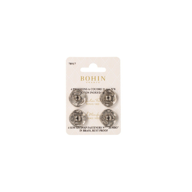 Boutons pression à coudre en laiton inoxydable (N°8, Carte 4 pcs, Argenté)