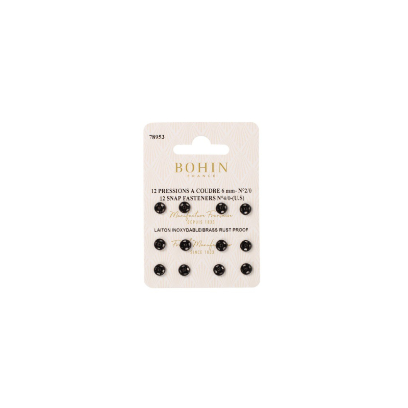 Boutons pression à coudre en laiton inoxydable (N°2/0, Carte 12 pcs, Noir)