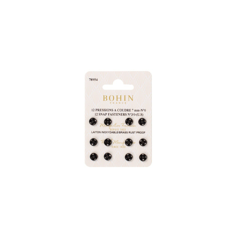 Boutons pression à coudre en laiton inoxydable (N°0, Carte 12 pcs, Noir)