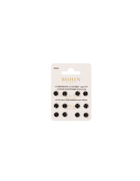 Boutons pression à coudre en laiton inoxydable (N°0, Carte 12 pcs, Noir)