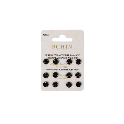 Boutons pression à coudre en laiton inoxydable (N°1/2, Carte 12 pcs, Noir)