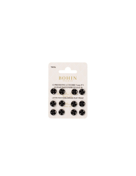 Boutons pression à coudre en laiton inoxydable (N°1, Carte 12 pcs, Noir)