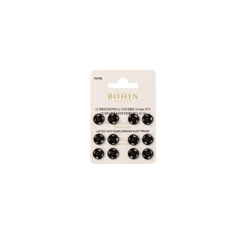 Boutons pression à coudre en laiton inoxydable (N°2, Carte 12 pcs, Noir)