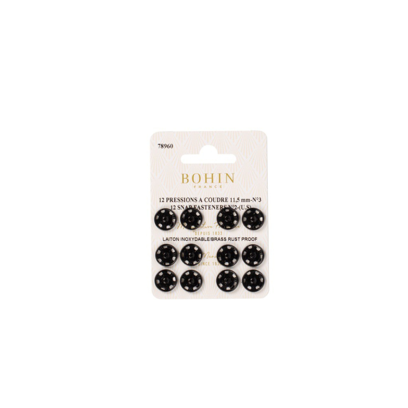 Boutons pression à coudre en laiton inoxydable (N°3, Carte 12 pcs, Noir)