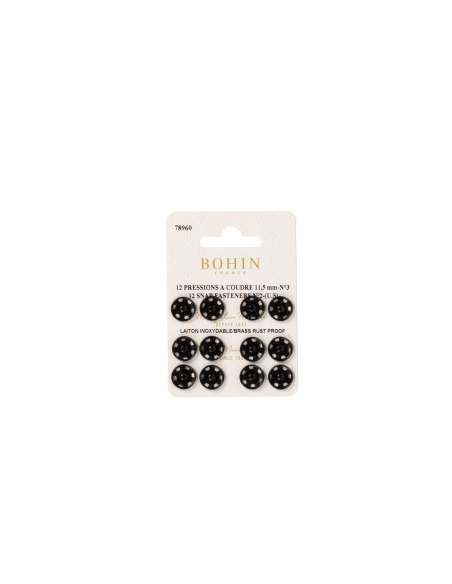 Boutons pression à coudre en laiton inoxydable (N°3, Carte 12 pcs, Noir)
