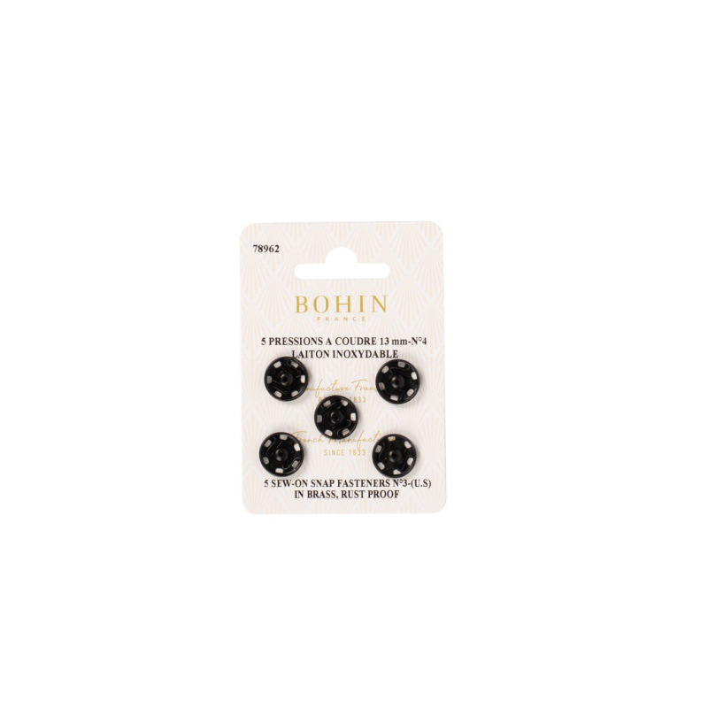 Boutons pression à coudre en laiton inoxydable (N°4, Carte 5 pcs, Noir)