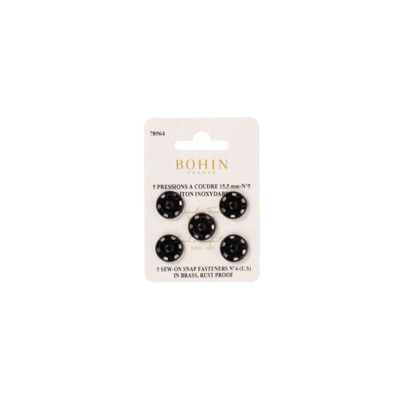 Boutons pression à coudre en laiton inoxydable (N°5, Carte 5 pcs, Noir)