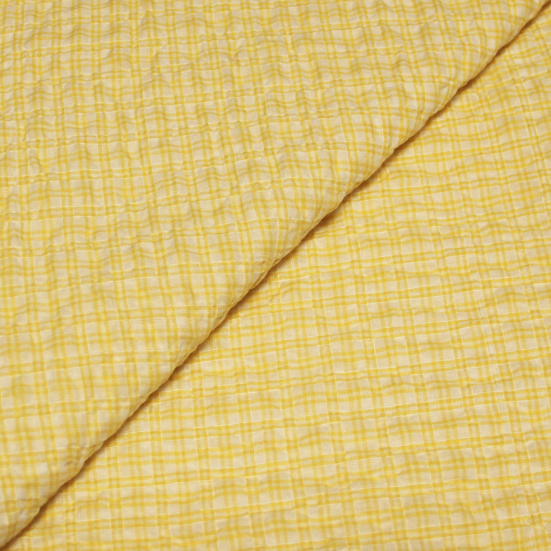 Toile tissé-teint cloqué - Rayure jaune sur fond blanc