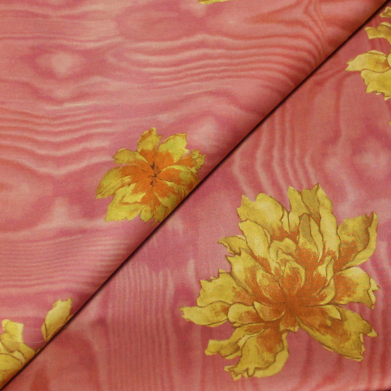 Satin 100% viscose - Fleurs jaune & fond rose moiré 