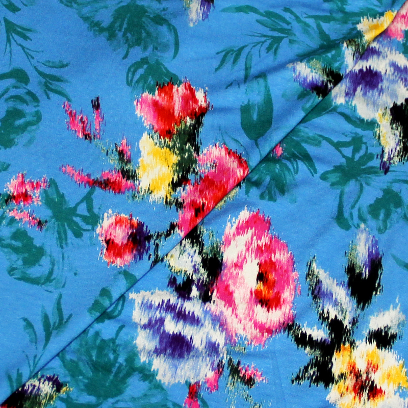 Jersey viscose - Fleur abstraite fond bleu 
