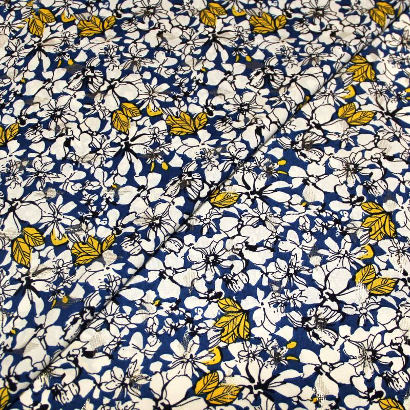 Javanaise - Fleuri blanc & jaune fond bleu