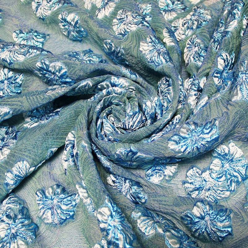 Tissu brocard - Hibiscus gris centaure & bleu électrique fond canard