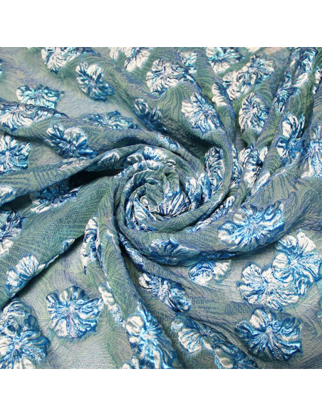 Tissu brocard - Hibiscus gris centaure & bleu électrique fond canard