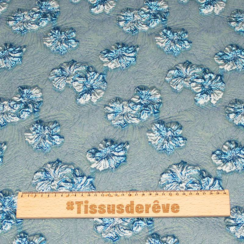 Tissu brocard - Hibiscus gris centaure & bleu électrique fond canard