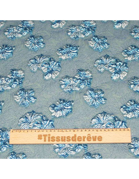 Tissu brocard - Hibiscus gris centaure & bleu électrique fond canard